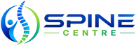 A logo for Spine Centre featuring a stylized blue and green human spine and figure icon on the left, with the words 'SPINE CENTRE' in blue and green on a black background.